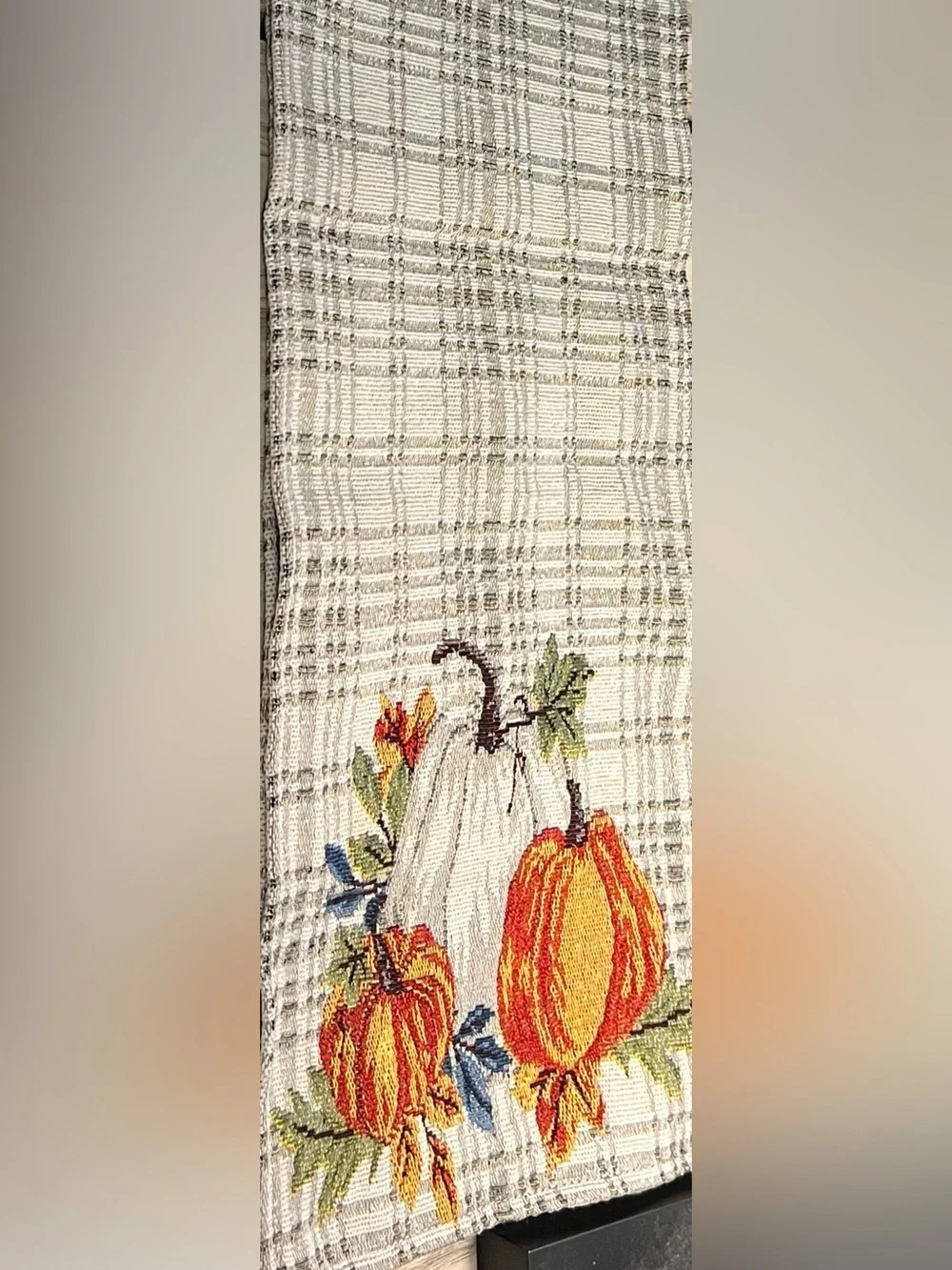 Fall Pumpkin Table Runner 72x12 Gray Plaid Woven Farmhouse Autumn Decor